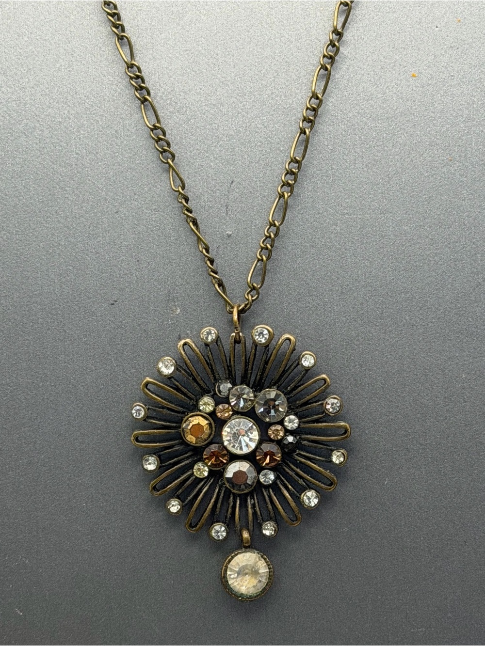 Bronze Starburst Pendant Necklace with Amber, Gray Crystal Accents